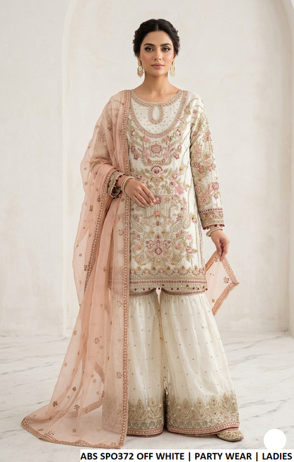 Organza straight shirt gharara off white - Pakistani women's festive party wear with viscose gharara and organza dupatta front view