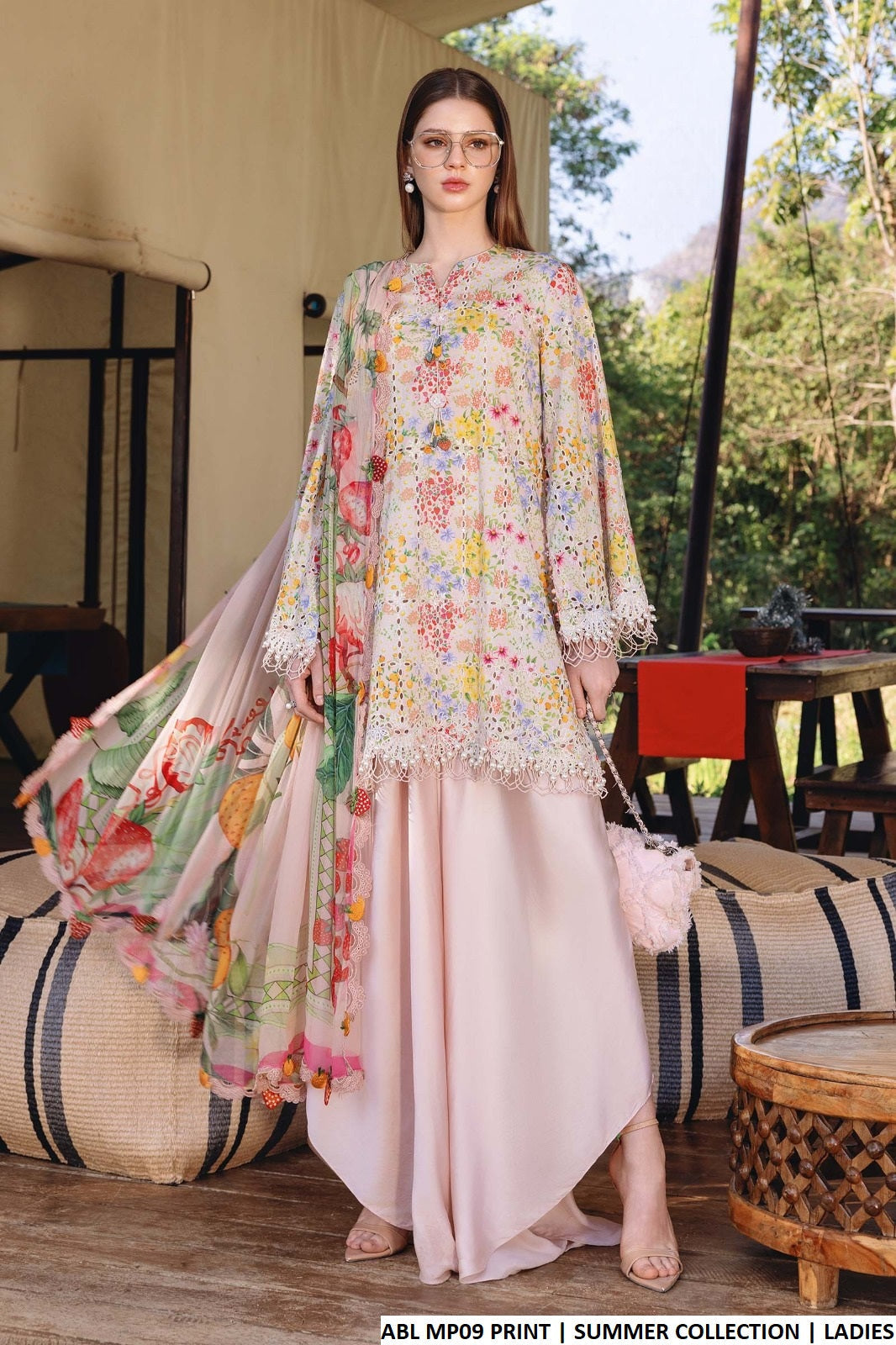 Poly lawn straight printed shirt plazo - Pakistani women's casual summer outfit with silk dupatta front view