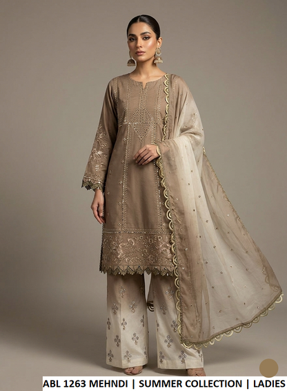 Poly lawn straight shirt plazo mehndi green - Pakistani women's casual outfit with deep chiffon dupatta front view