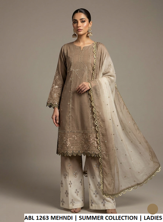 Poly lawn straight shirt plazo mehndi green - Pakistani women's casual outfit with deep chiffon dupatta front view