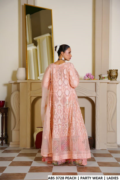 Pakistani women's peach chiffon long open frock detail view