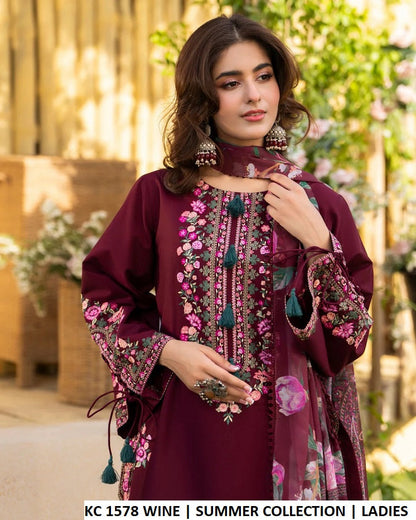 KC Sunehri 1578 Burgundy Wine - Burgundy Chiffon Embroidered 3-Piece Women's Pakistani Suit