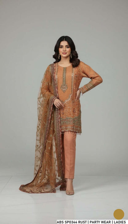 Masuri net short shirt rust - Pakistani women's party wear with grip trouser and organza dupatta front view
