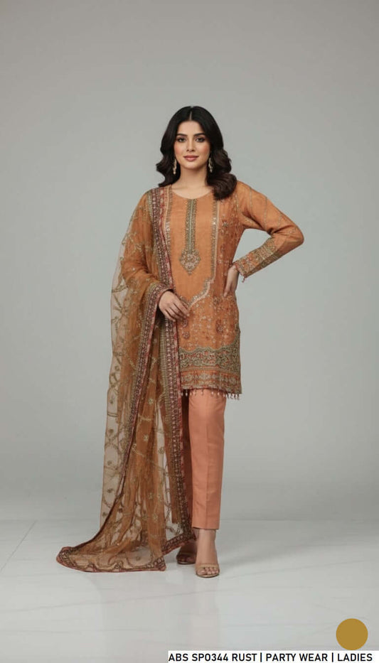 Masuri net short shirt rust - Pakistani women's party wear with grip trouser and organza dupatta front view