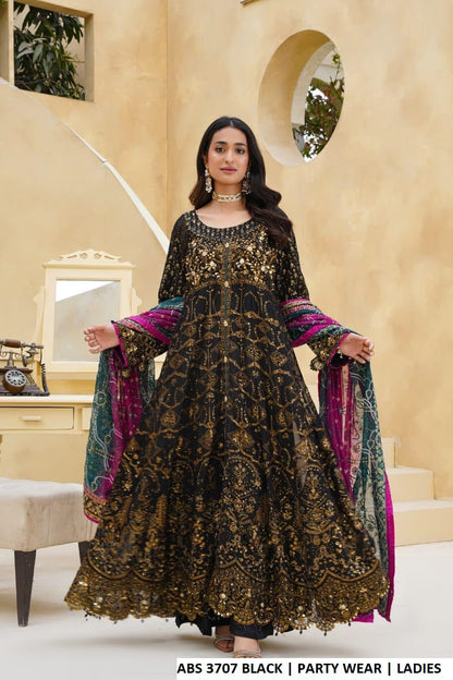 Pakistani women's black chiffon long open frock plazo back view