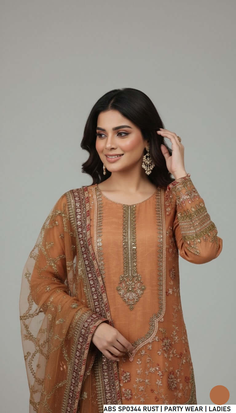 Pakistani women's rust masuri net short shirt detail view