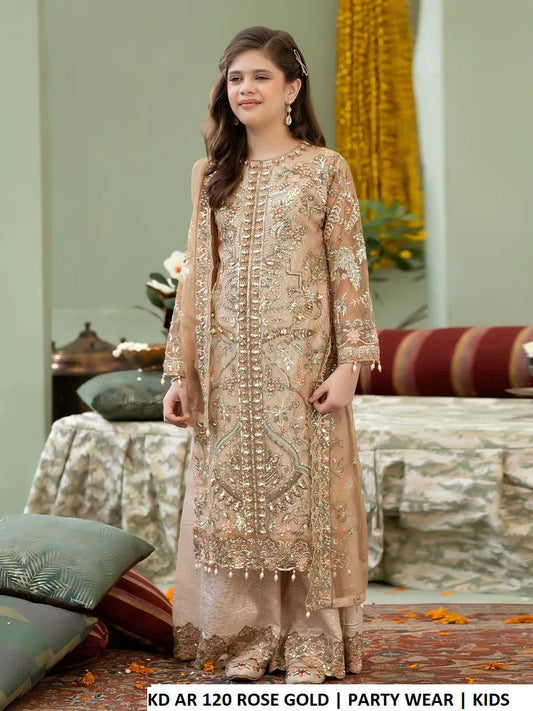 Net long shirt plazo rose gold - Pakistani girls kids festive wear with masuri dupatta front view