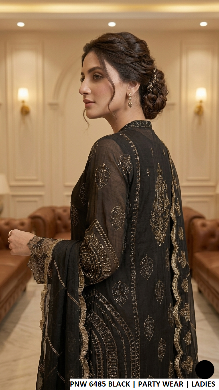 PNW 6485 BLACK - Black Chiffon Straight 3-Piece Women's Pakistani Suit