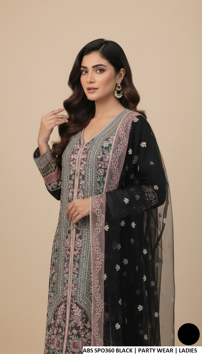 Black organza Pakistani women's straight open shirt side view
