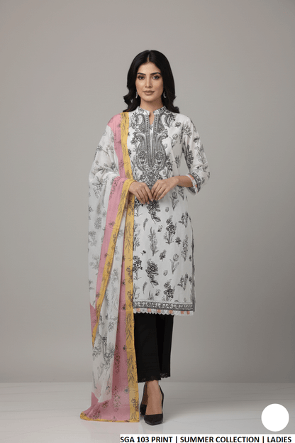 Lawn straight printed shirt - Pakistani women's casual summer outfit with cotton trouser and lawn dupatta front view