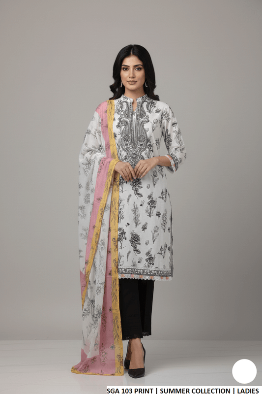 Lawn straight printed shirt - Pakistani women's casual summer outfit with cotton trouser and lawn dupatta front view