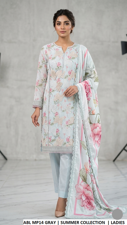 Poly lawn straight shirt plazo grey - Pakistani women's summer casual outfit with digital printed dupatta front view