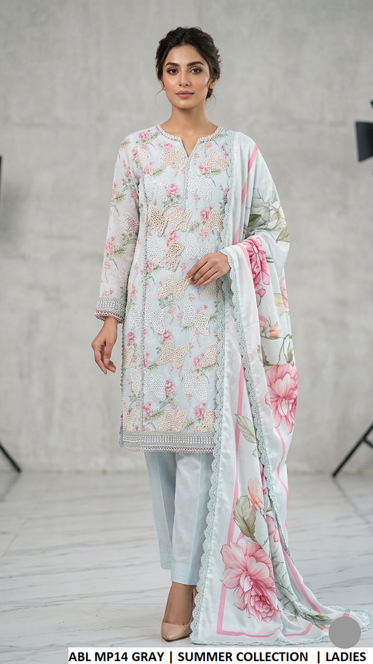 Poly lawn straight shirt plazo grey - Pakistani women's summer casual outfit with digital printed dupatta front view