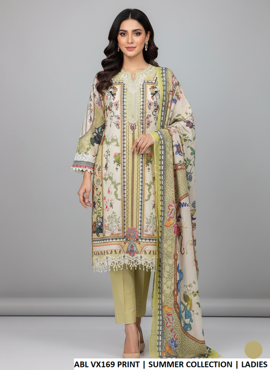 Poly lawn straight shirt printed - Pakistani women's casual summer outfit with digital print silk dupatta front view