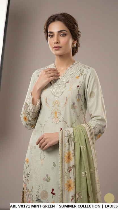 Mint poly lawn Pakistani women's A-Line shirt with plazo side view