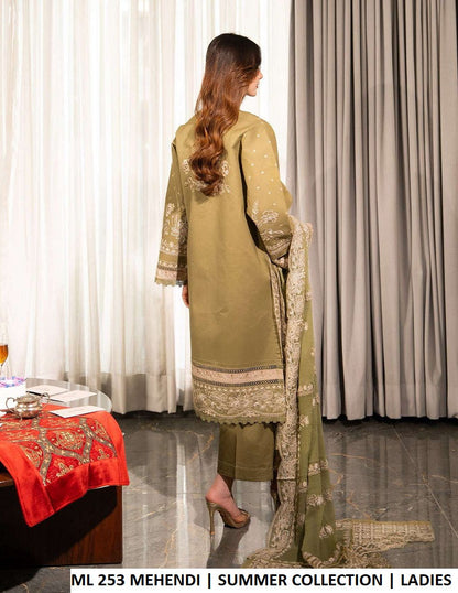 ML 253 MEHENDI - Mehendi Cotton Straight 3-Piece Women's Pakistani Suit