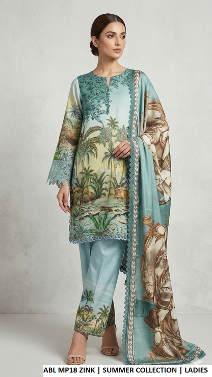 Poly lawn A-Line shirt zinc grey - Pakistani women's casual outfit with digital silk dupatta front view
