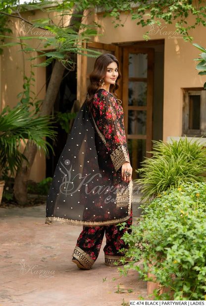 Pakistani women's black silk long kaftan full view