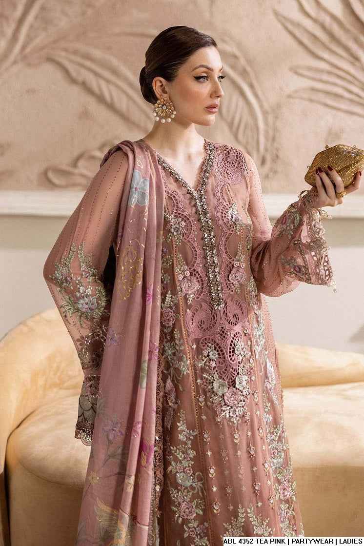Chiffon A-Line shirt tea pink - Pakistani women's elegant formal wear with viscose trouser and chiffon dupatta front view