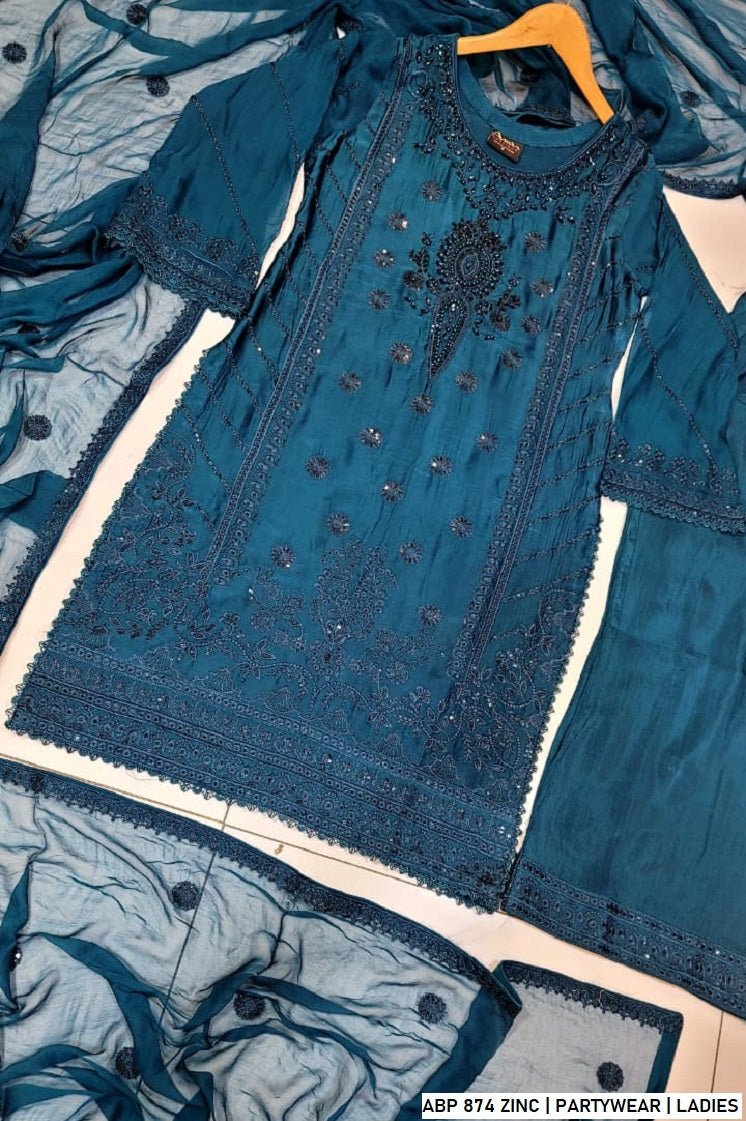 Pakistani women's zinc grey silk straight shirt detail view