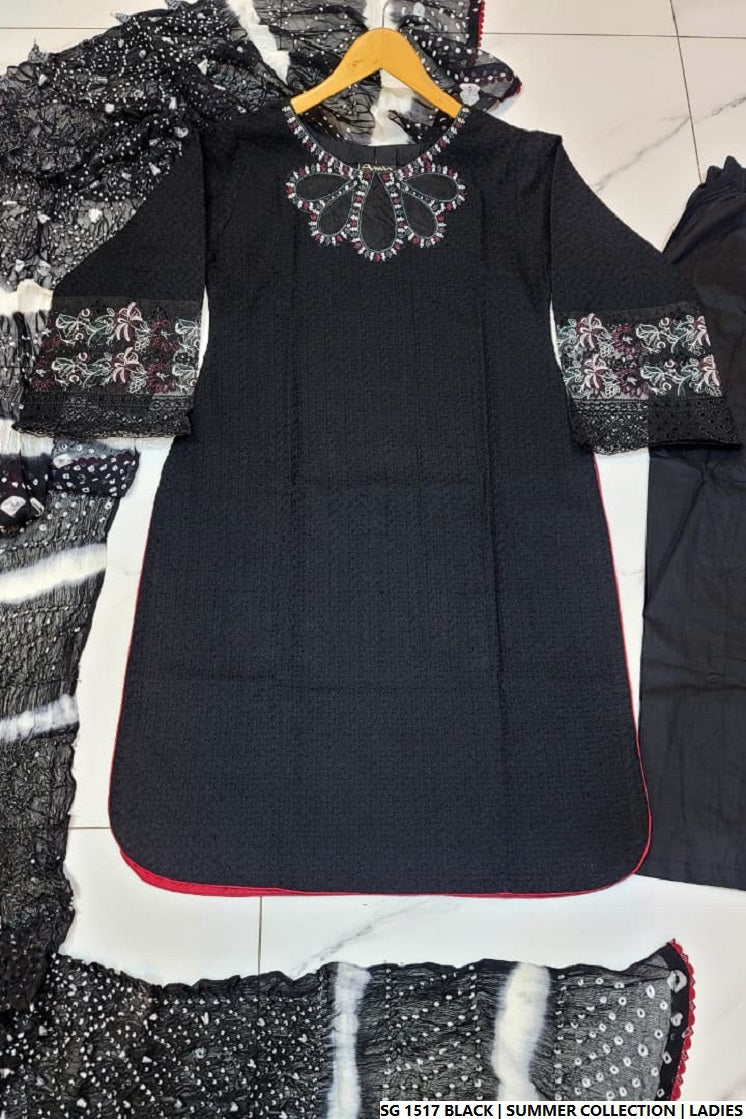 Pakistani women's black lawn A-Line casual outfit back view