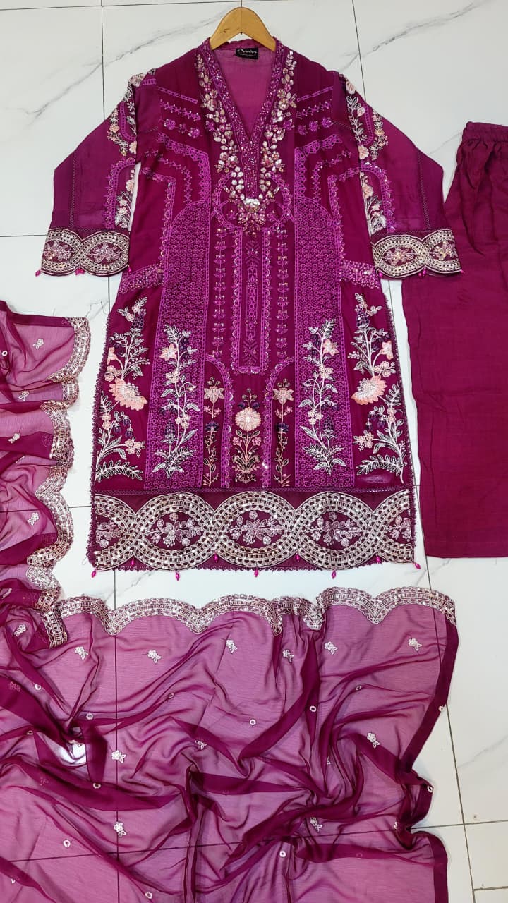 Pakistani women's magenta chiffon straight shirt plazo full view