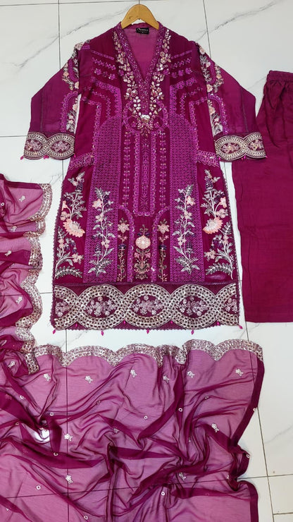 Pakistani women's magenta chiffon straight shirt plazo full view