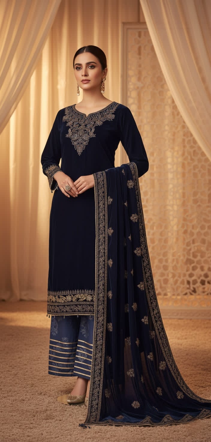 Velvet A-Line shirt navy blue - Pakistani women's winter formal wear with viscose trouser and palachi shawl front view