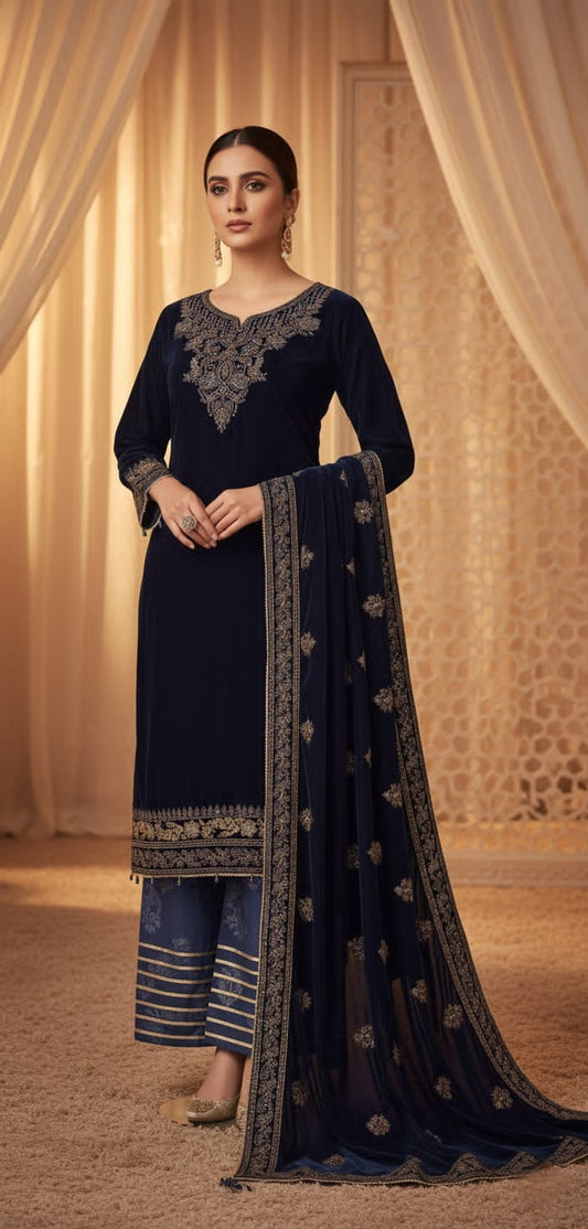 Velvet A-Line shirt navy blue - Pakistani women's winter formal wear with viscose trouser and palachi shawl front view