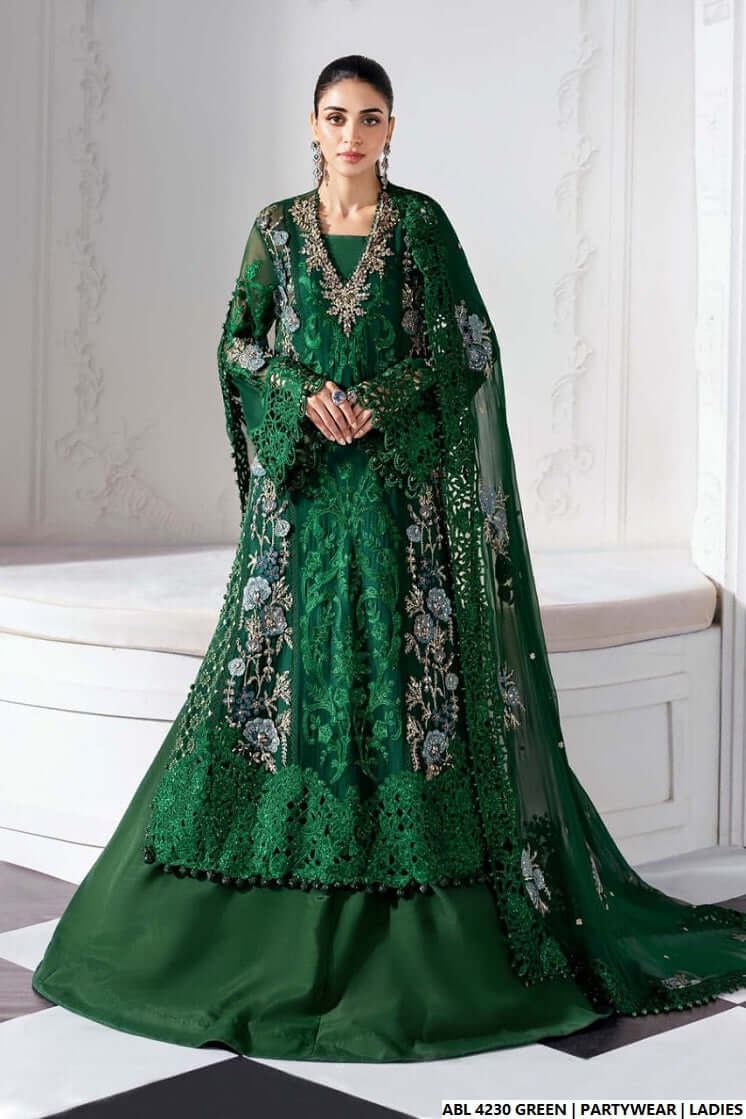 Pakistani women's green organza A-Line shirt full view
