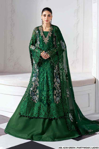 Organza A-Line shirt green - Pakistani women's elegant formal wear with viscose trouser and organza dupatta front view