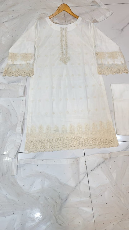 Pakistani women's white lawn A-Line casual outfit back view