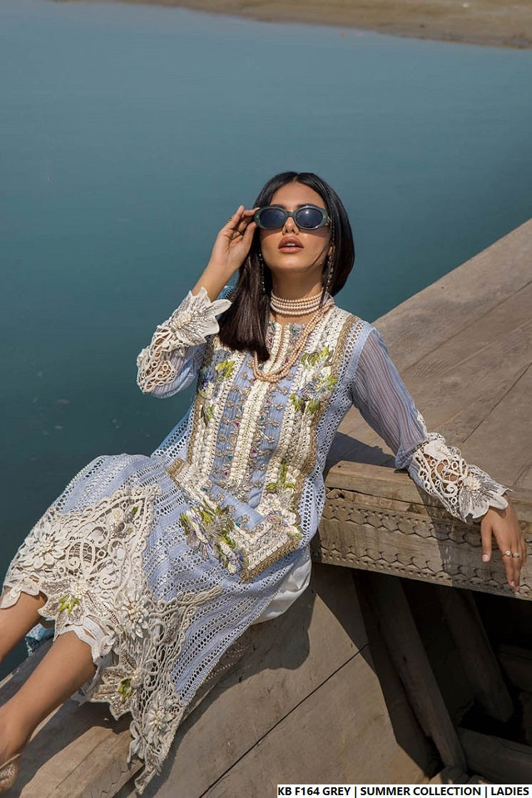 Pakistani women's grey hand embroidered luxury frock back view