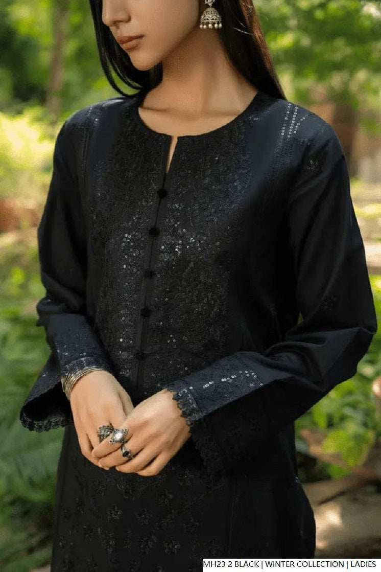 Pakistani women's black khaddar straight winter shirt back view