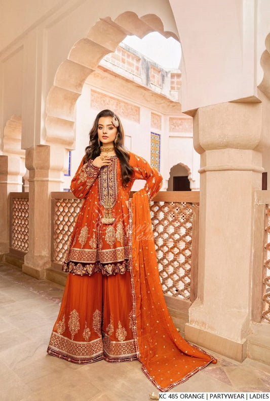 Silk long kaftan plazo orange - Pakistani women's luxury formal wear with silk dupatta front view