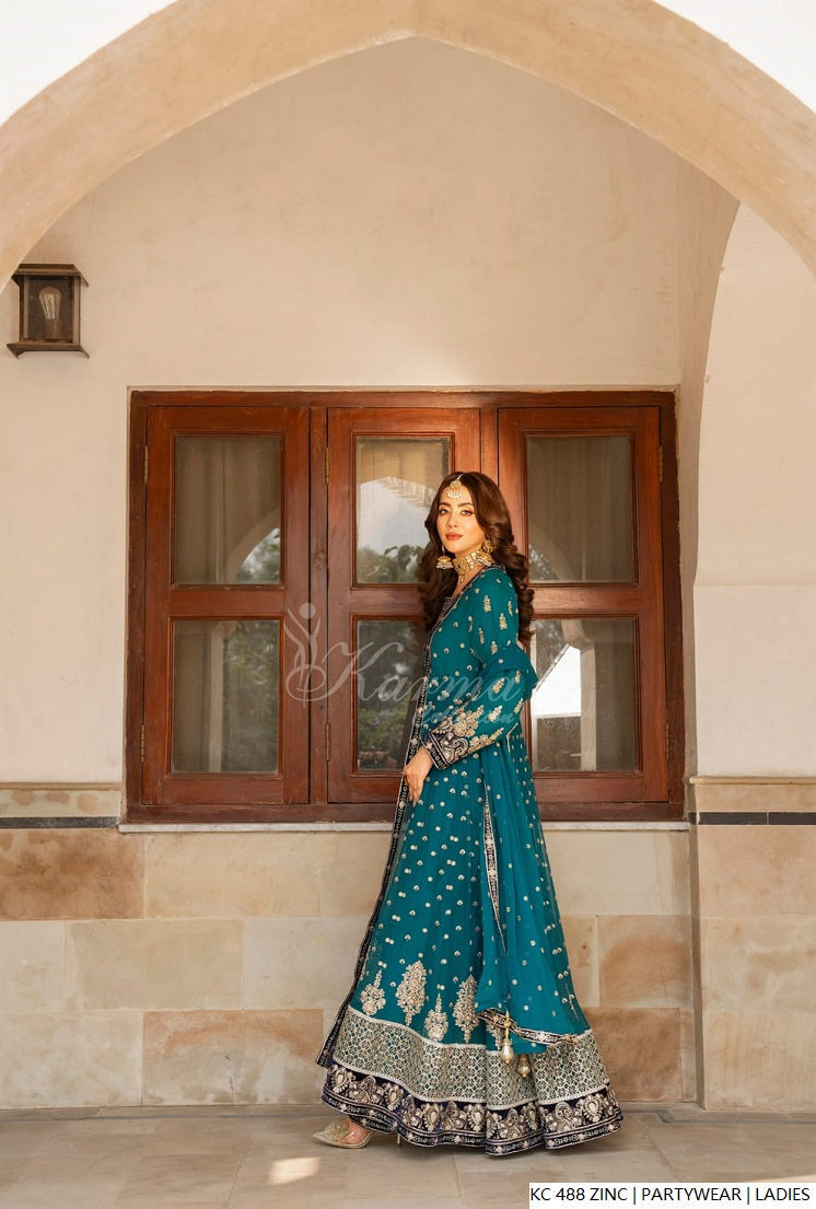 Pakistani women's zinc grey silk long kaftan plazo back view