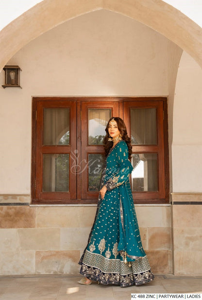 Pakistani women's zinc grey silk long kaftan plazo back view