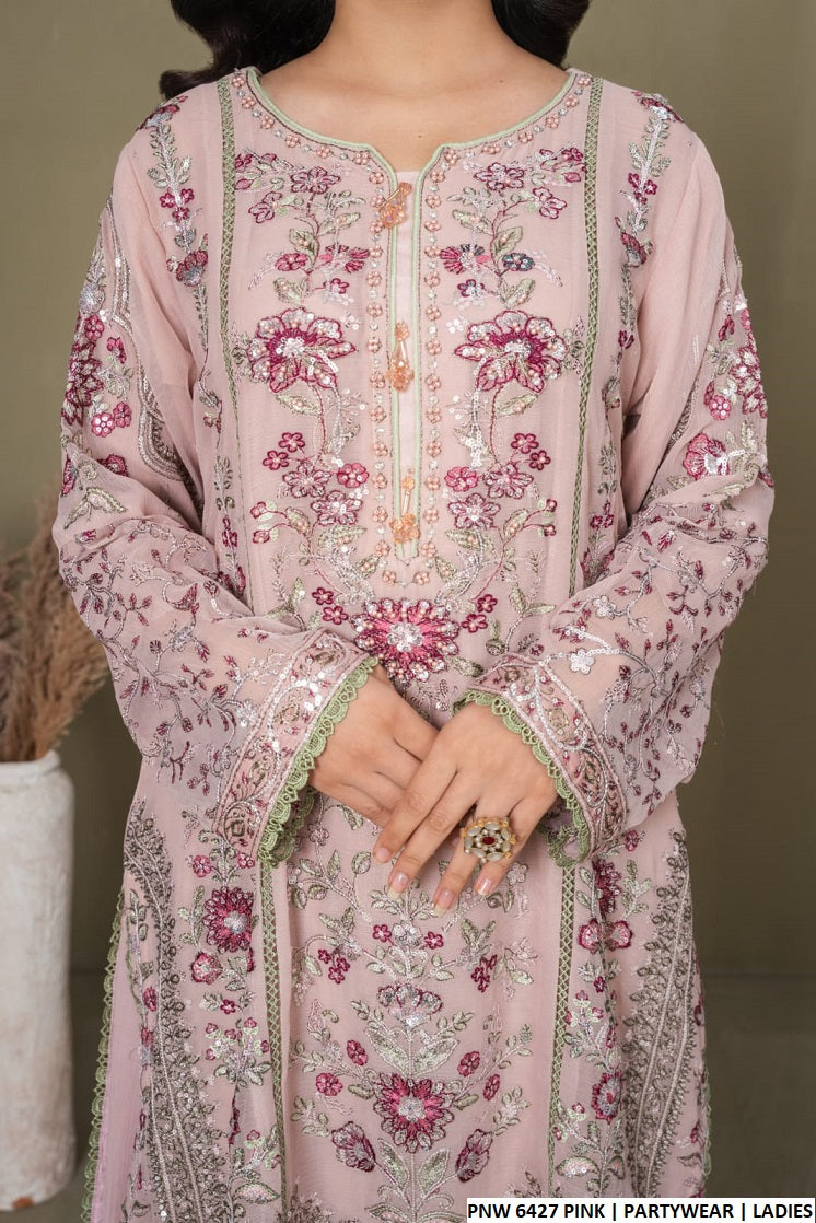 Pakistani women's pink chiffon straight shirt gharara back view
