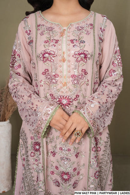 Pakistani women's pink chiffon straight shirt gharara back view