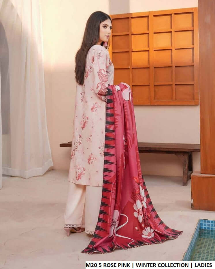 Pakistani women's rose pink lawn A-Line casual outfit back view