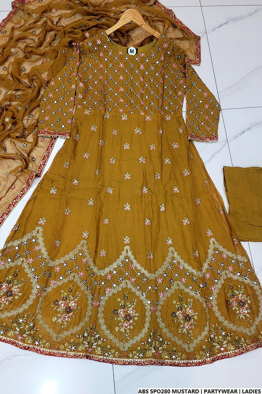 Chiffon straight shirt plazo mustard yellow - Pakistani women's party wear with viscose plazo and chiffon dupatta front view