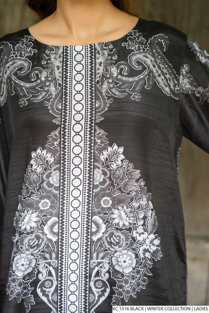 Pakistani women's black silk 2-piece formal suit detail view