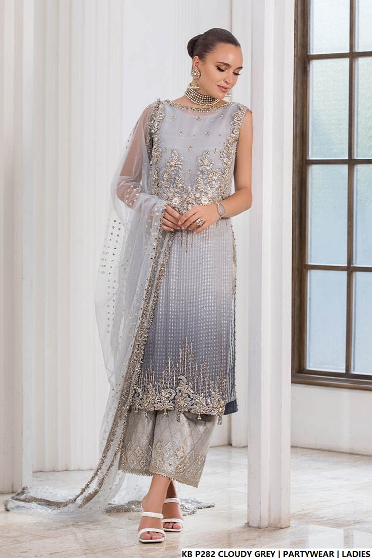 Cloudy grey hand embroidered Pakistani women's luxury suit side view