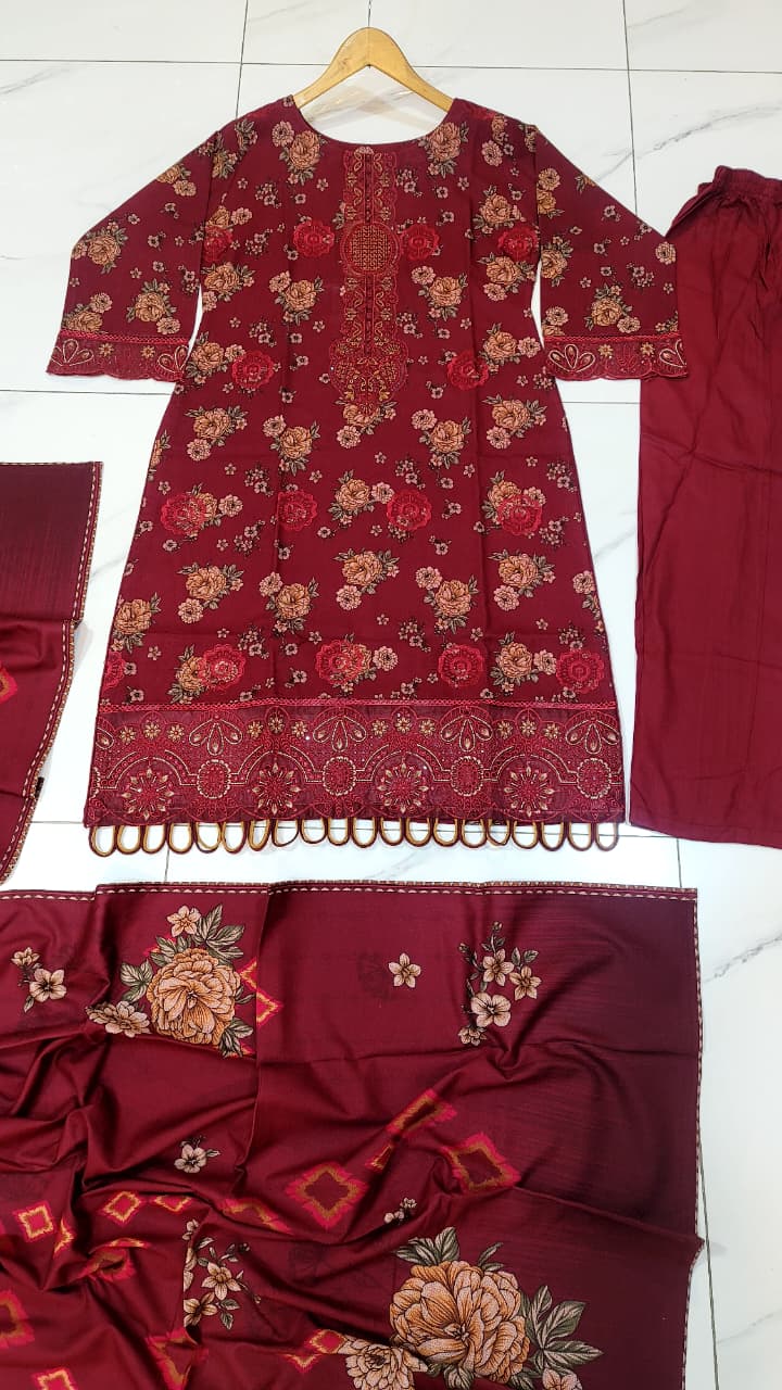 Pakistani women's lawn A-Line printed casual outfit back view