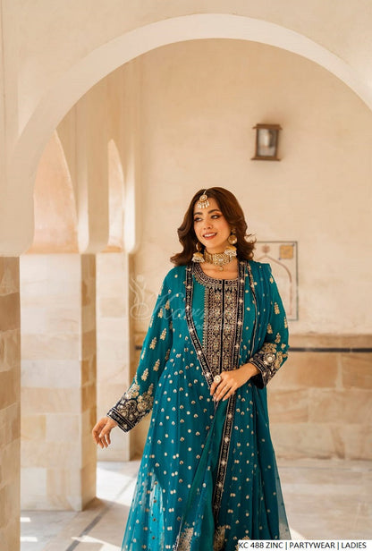Pakistani women's zinc grey silk long kaftan plazo detail view