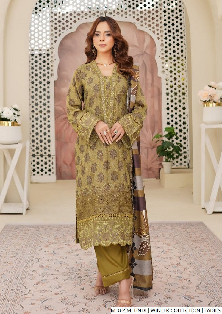 Lawn A-Line shirt mehndi green - Pakistani women's casual summer outfit with cotton trouser and lawn dupatta front view
