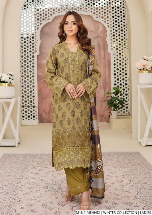Lawn A-Line shirt mehndi green - Pakistani women's casual summer outfit with cotton trouser and lawn dupatta front view