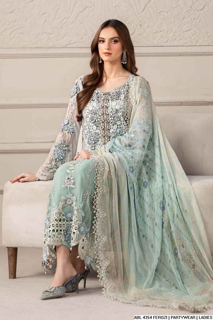 Pakistani women's ferozi organza A-Line shirt back view
