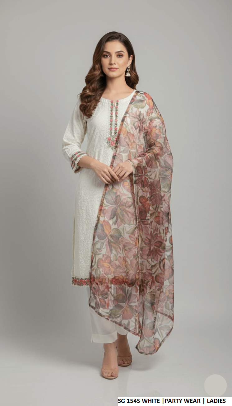 Lawn A-Line shirt white - Pakistani women's casual summer outfit with cotton trouser and lawn dupatta front view