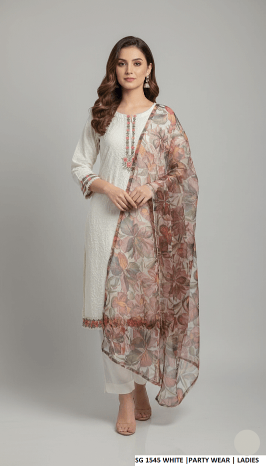 Lawn A-Line shirt white - Pakistani women's casual summer outfit with cotton trouser and lawn dupatta front view